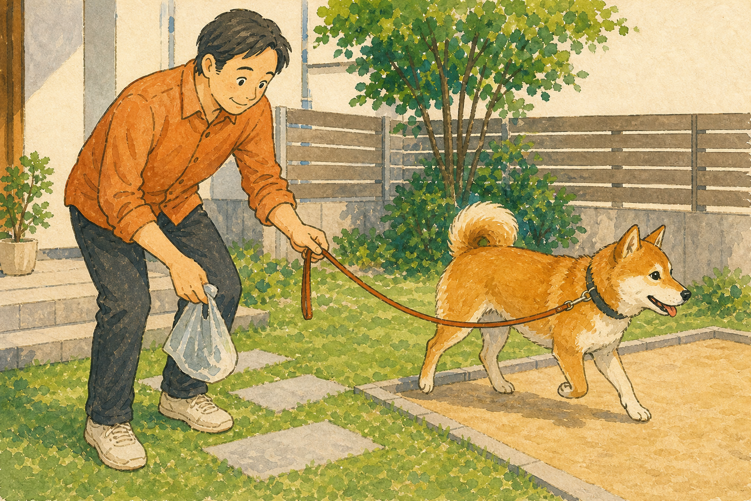 犬の排便後、飼い主が落ち着いて様子を見てから片づける場面