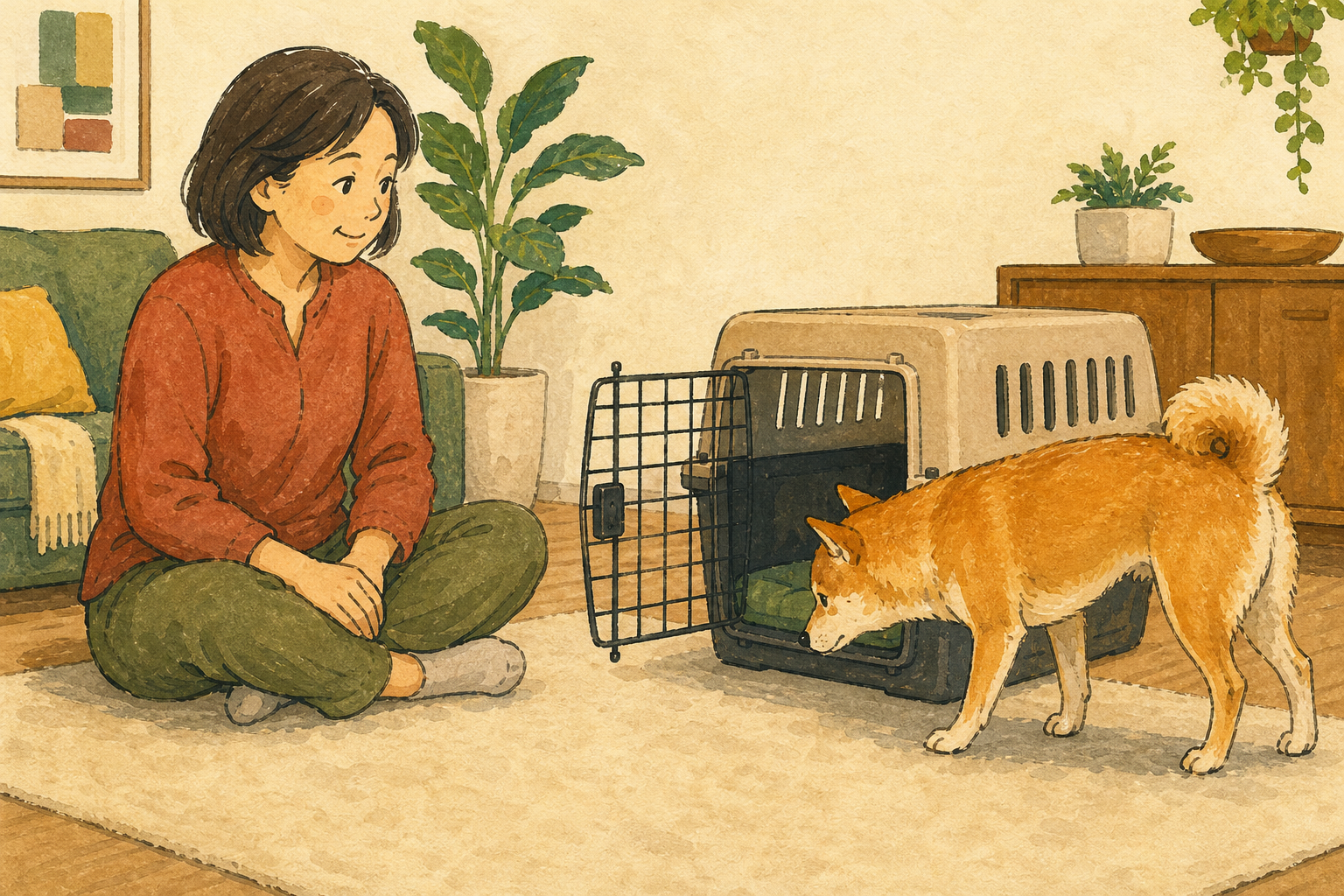 飼い主が手を伸ばさず、開いたクレートを犬が自分で確かめる様子