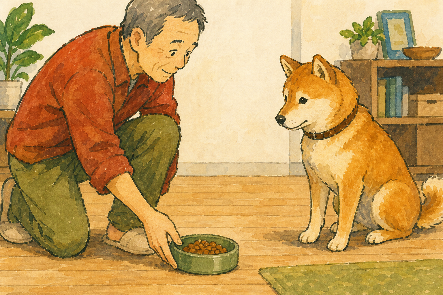 飼い主が食器を置く間、犬が少し離れた場所で短く待つ様子