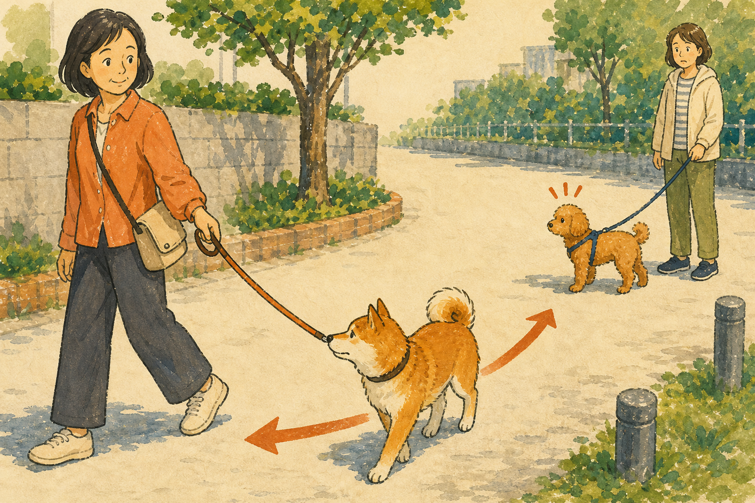 飼い主が散歩の進路を変え、愛犬とほかの犬との距離を取っている