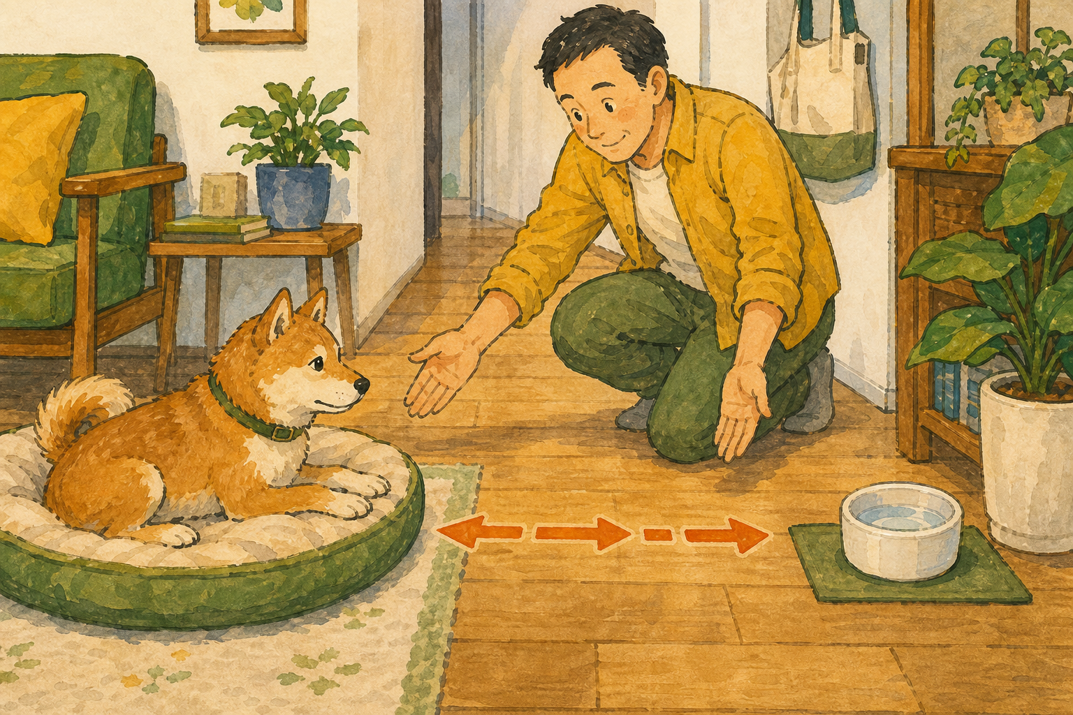 犬の休む場所から水飲み場までの通り道を飼い主が確かめるイラスト