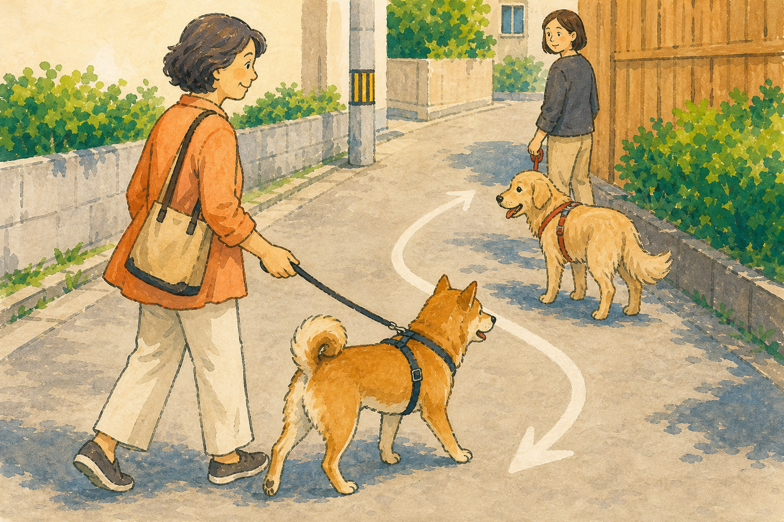 飼い主がリードを持ち、犬同士の距離を保って歩道ですれ違う様子