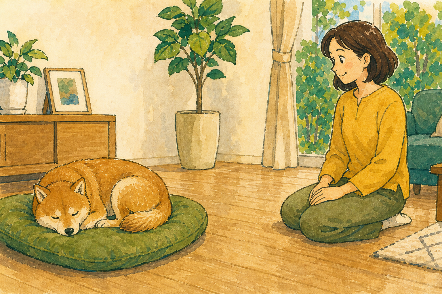 眠っている犬に触れず、飼い主が距離を保って見守る様子