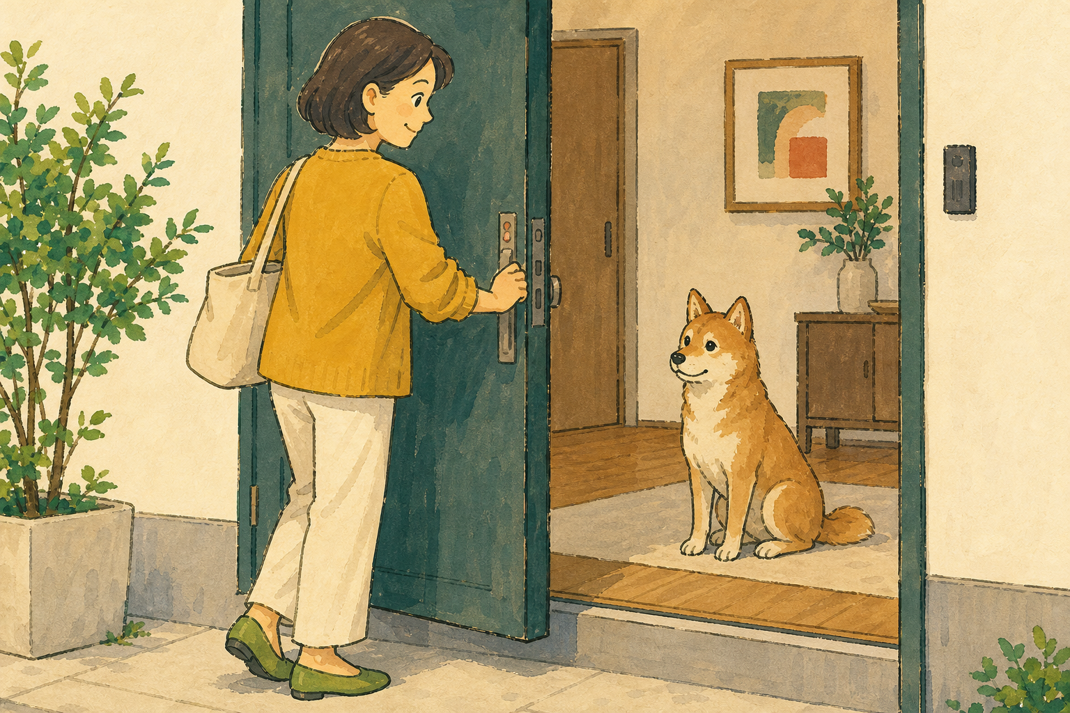 玄関で犬の様子を見ながら短い外出を練習する飼い主