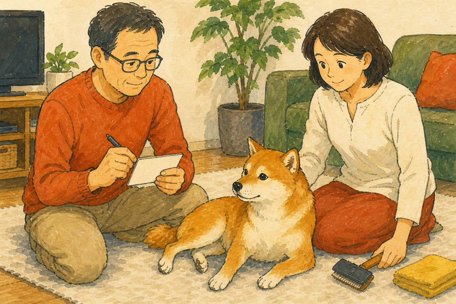 飼い主がお手入れを止め、犬の反応を見ながらメモを取るイラスト