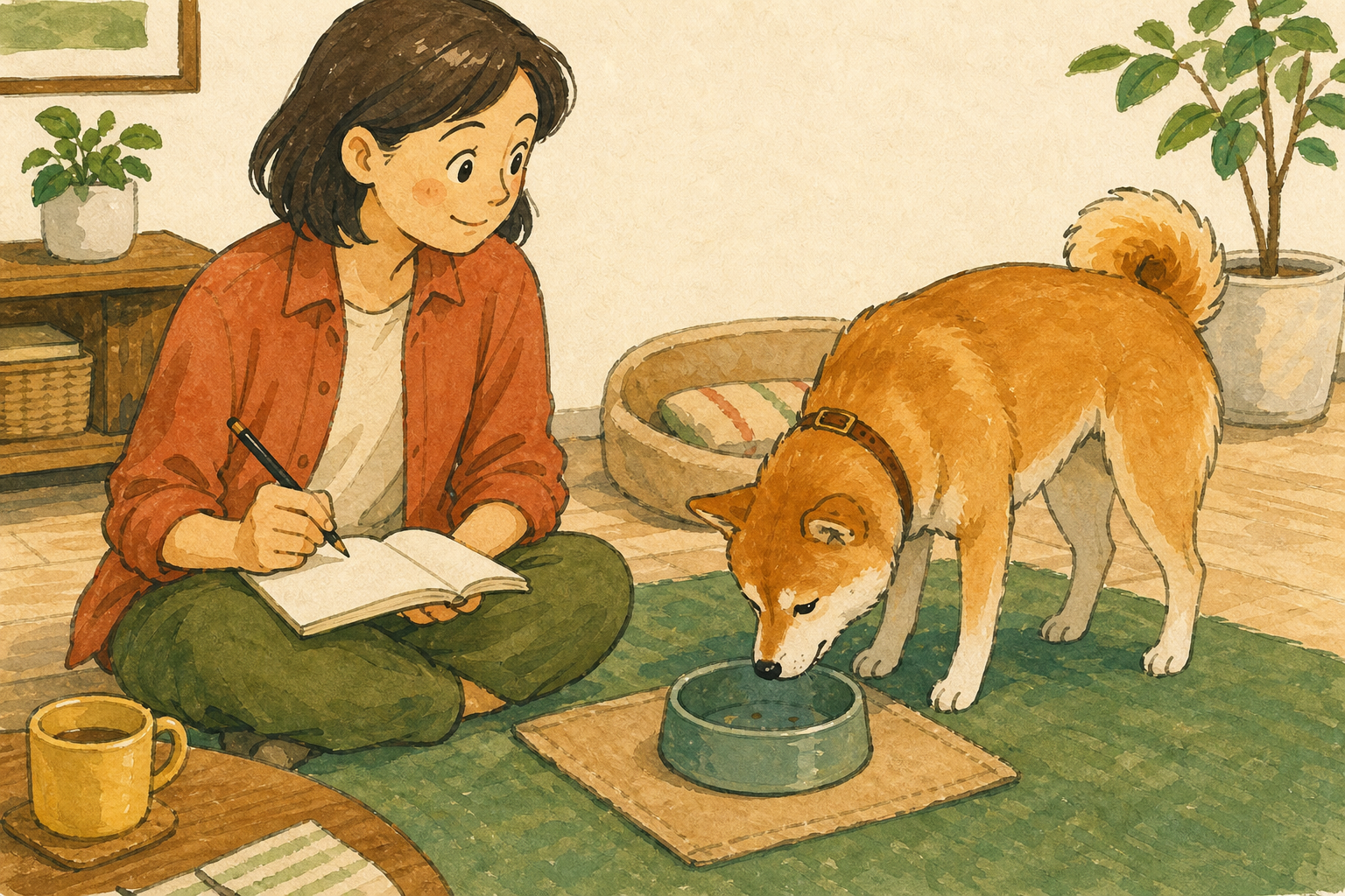 食後の犬を見守り、気づいたことを無地のノートに書き留める飼い主