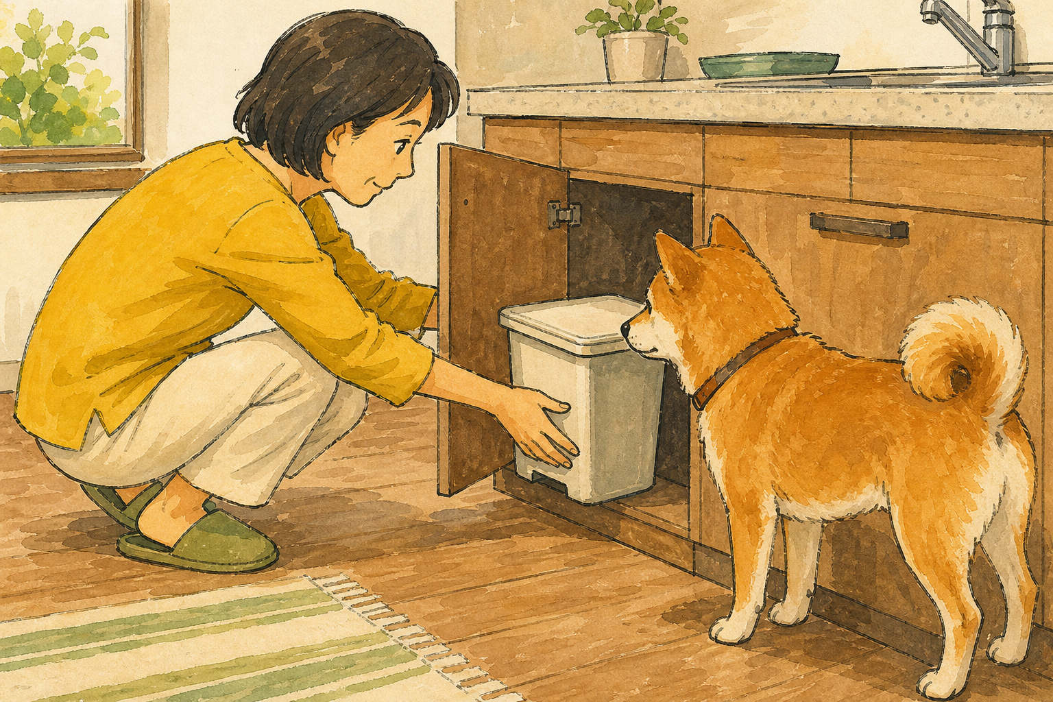 犬の目線に合わせてしゃがみ、ゴミ箱を届かない場所へ移す飼い主