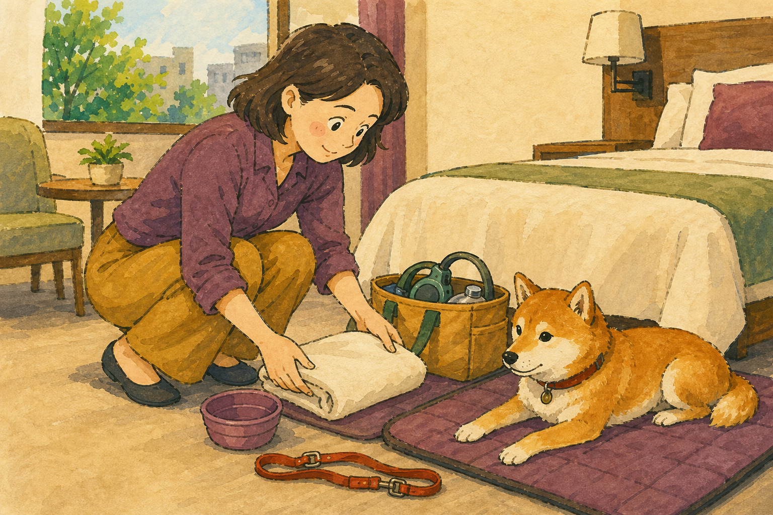 宿で犬が休む敷物のそばに、飼い主がタオルや旅行の持ち物をまとめて置くイラスト