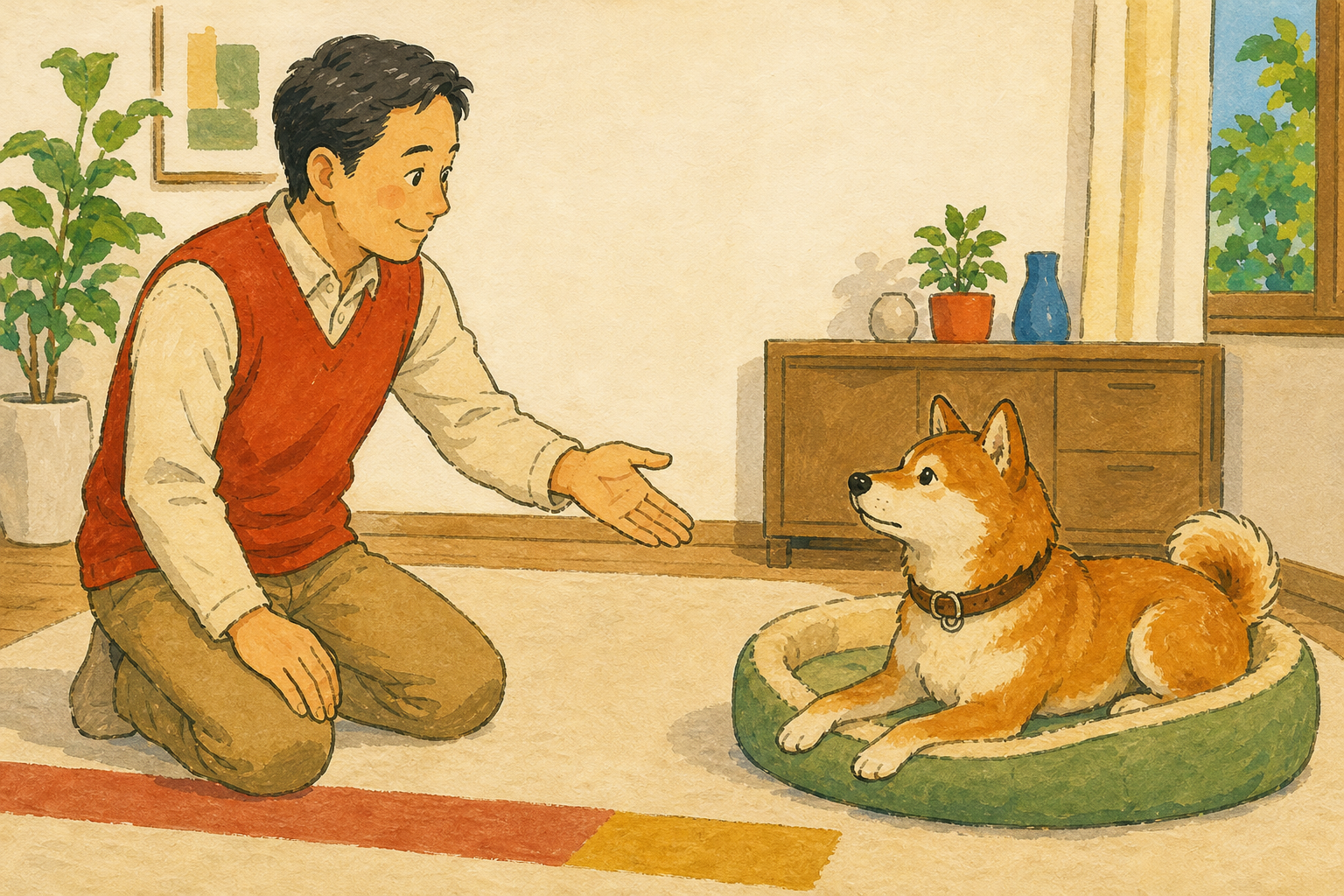 落ち着いている犬に一度名前を呼び、顔を向けたら穏やかに応じる飼い主