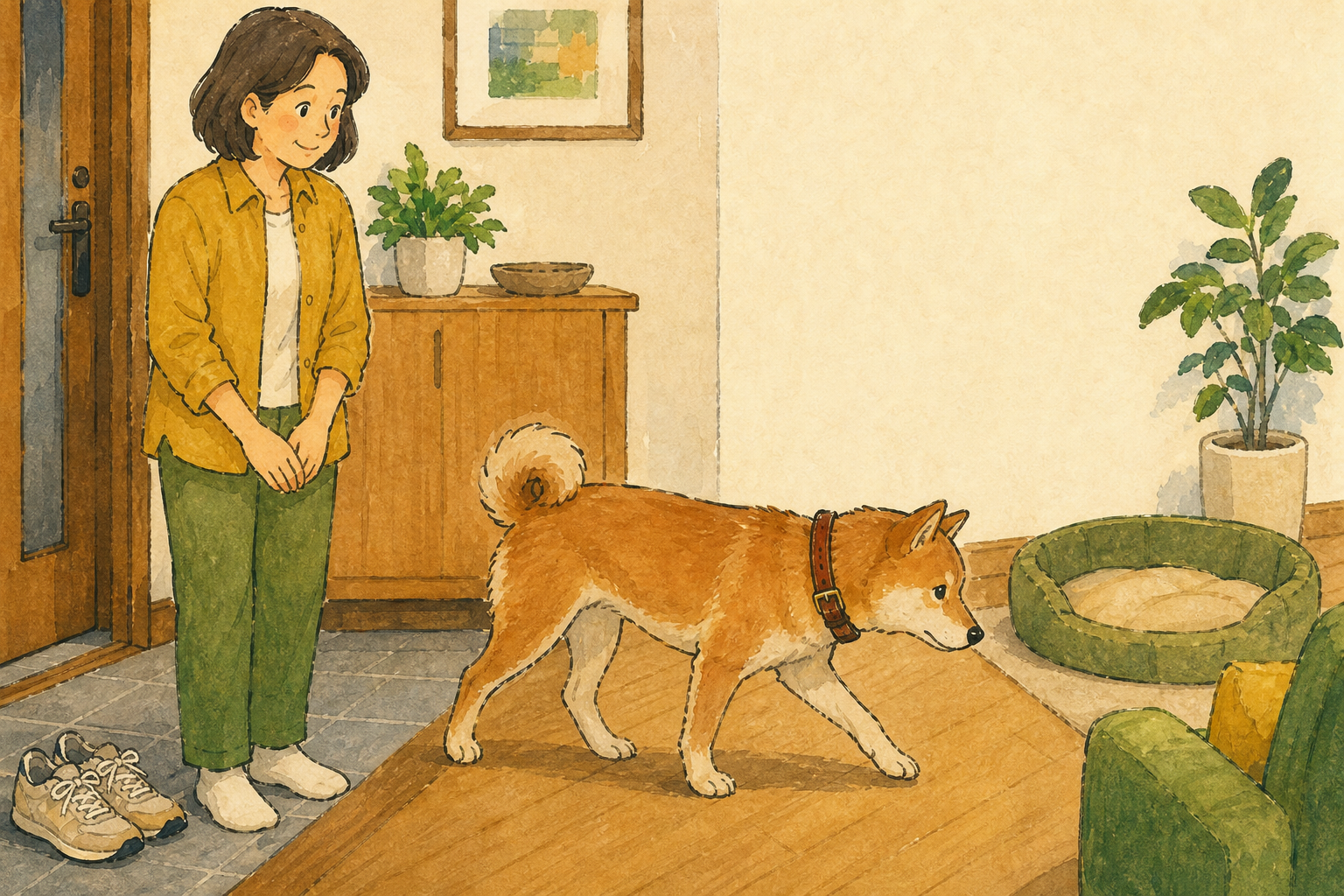 帰宅後、飼い主が静かに待つ間に犬が休む場所へ向かう様子