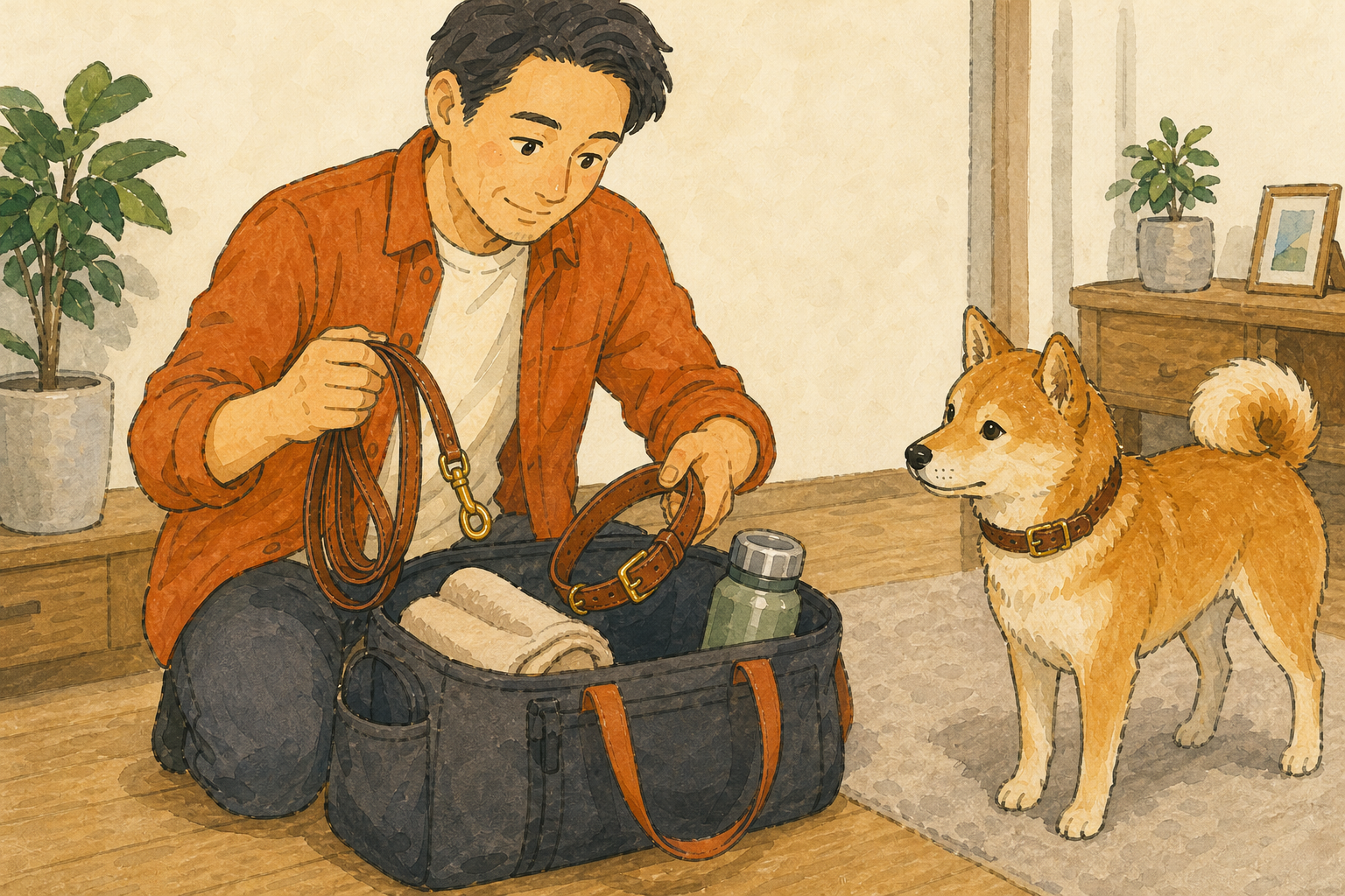 飼い主が犬の首輪やリード、タオルを旅行用バッグにまとめる様子
