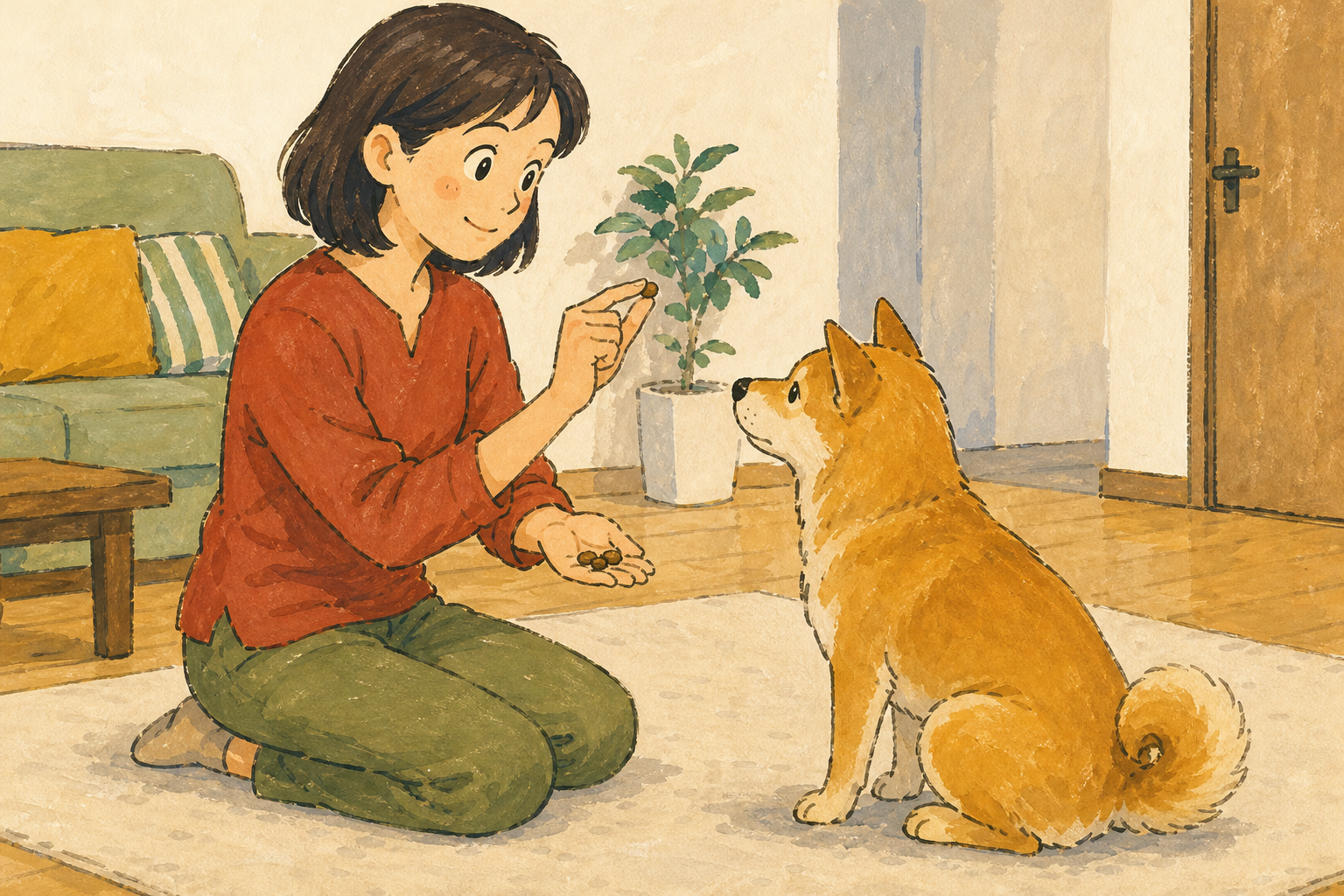 犬を呼ぶ前に手元のおやつを用意する飼い主
