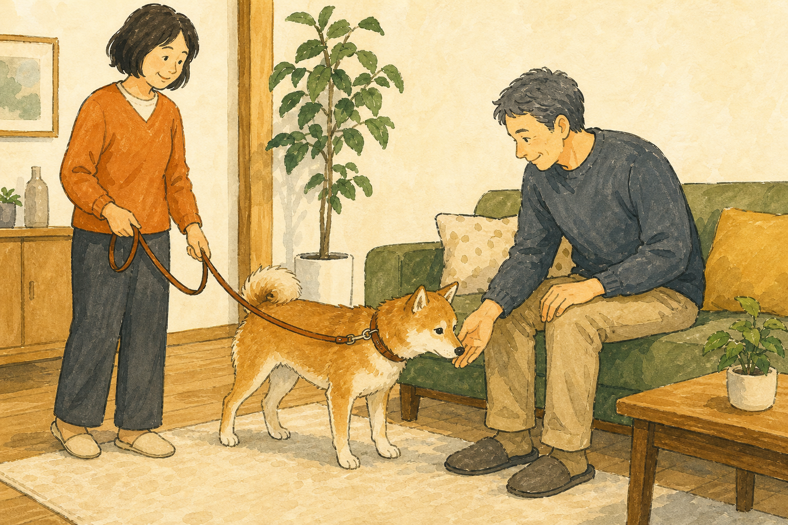 飼い主がリードに余裕を持たせ、犬が座って待つ人へ自分から近づく場面