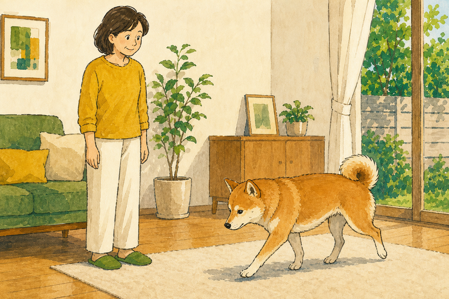 飼い主が犬を追わず、立ち止まって歩き方を見守る様子