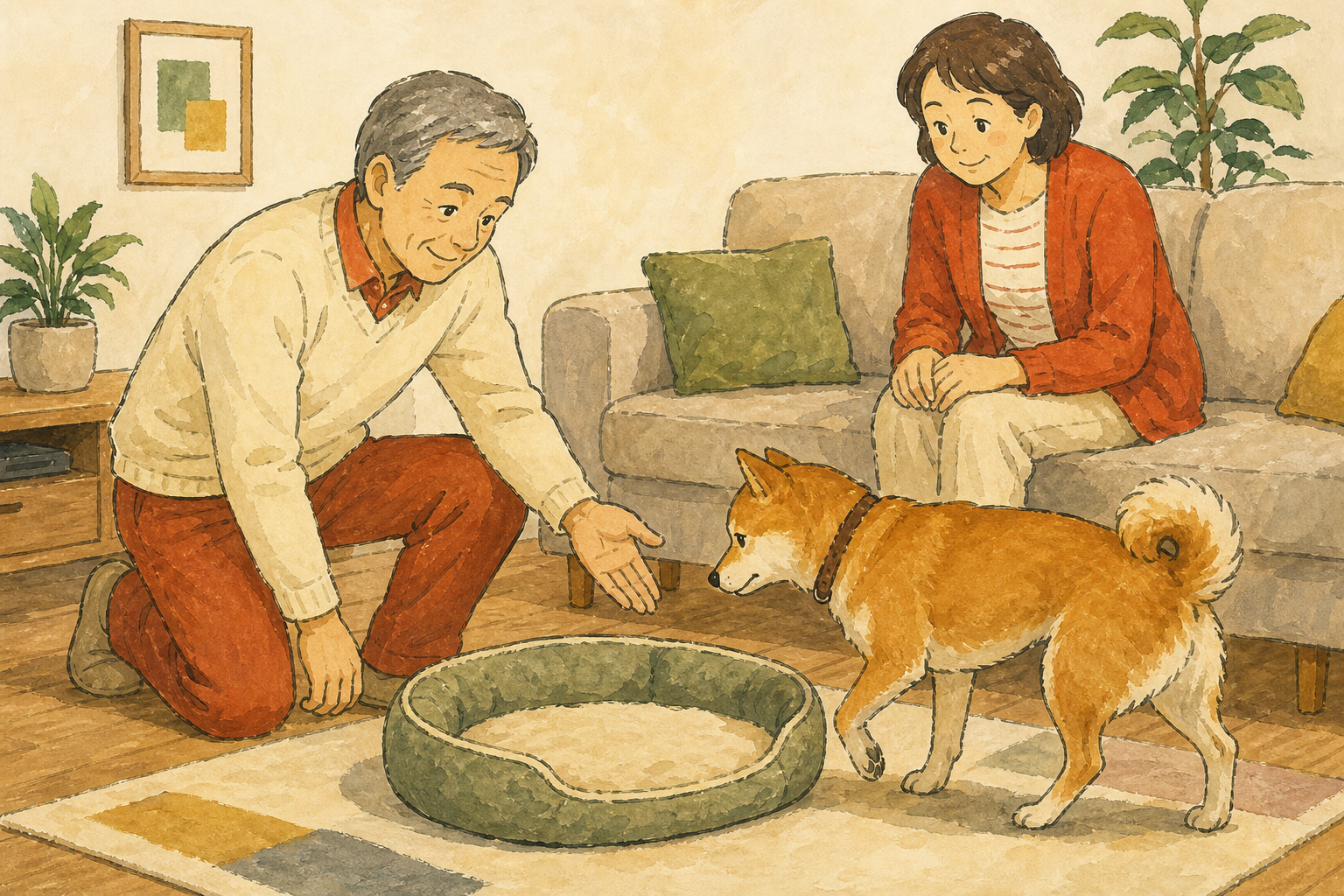 家族が犬をソファではなく床の休み場所へ誘導する様子