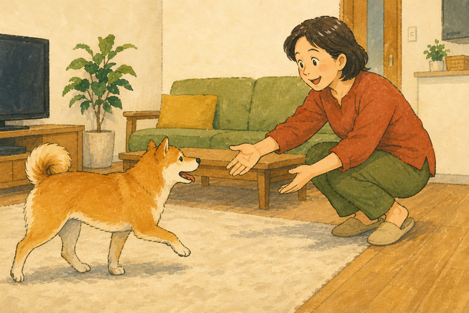 室内で近くから呼ばれ、飼い主のもとへ歩み寄る犬