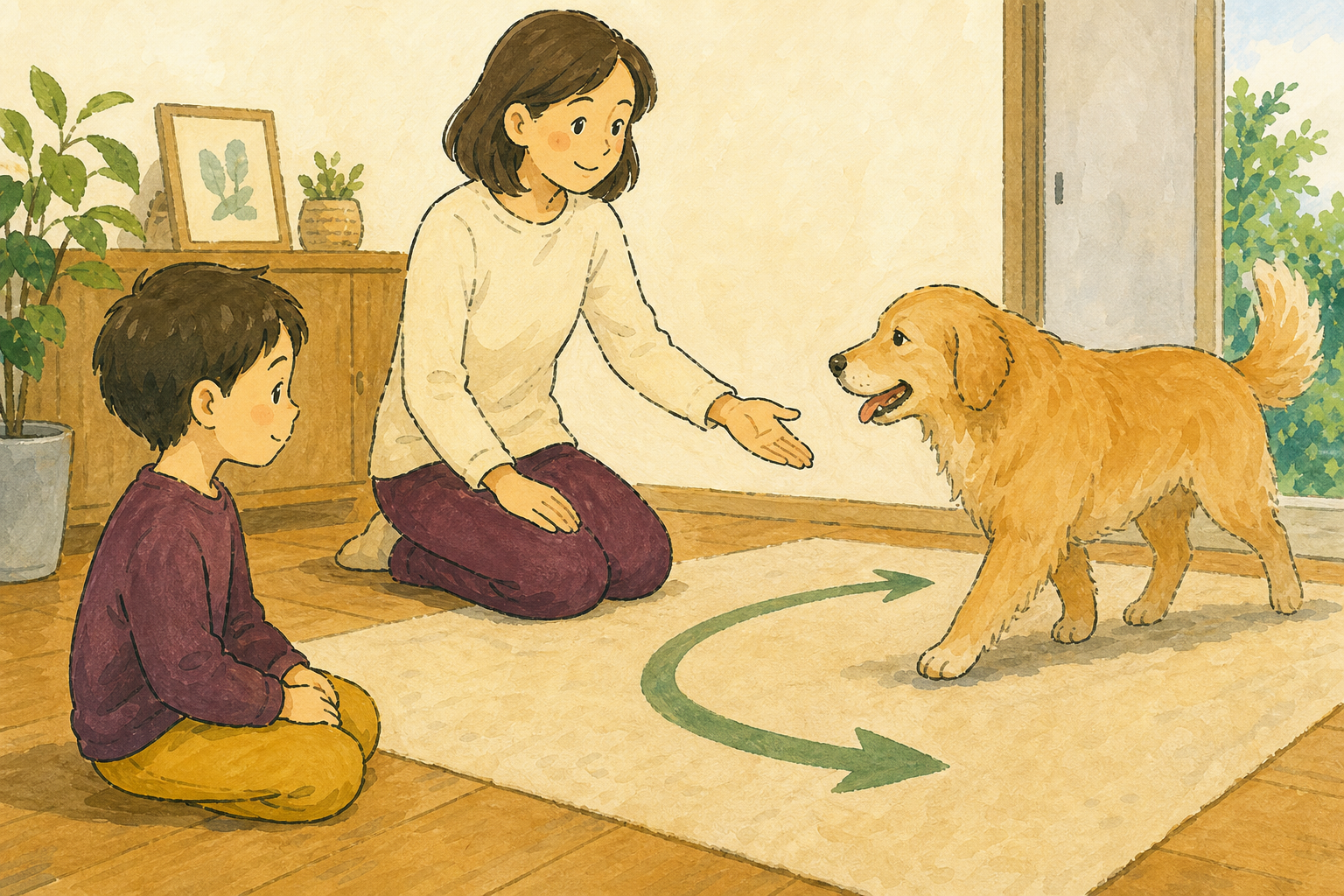 大人が見守るなか、子どもが犬を追わずに待ち、犬が近づいたり離れたりできる距離を保つイラスト