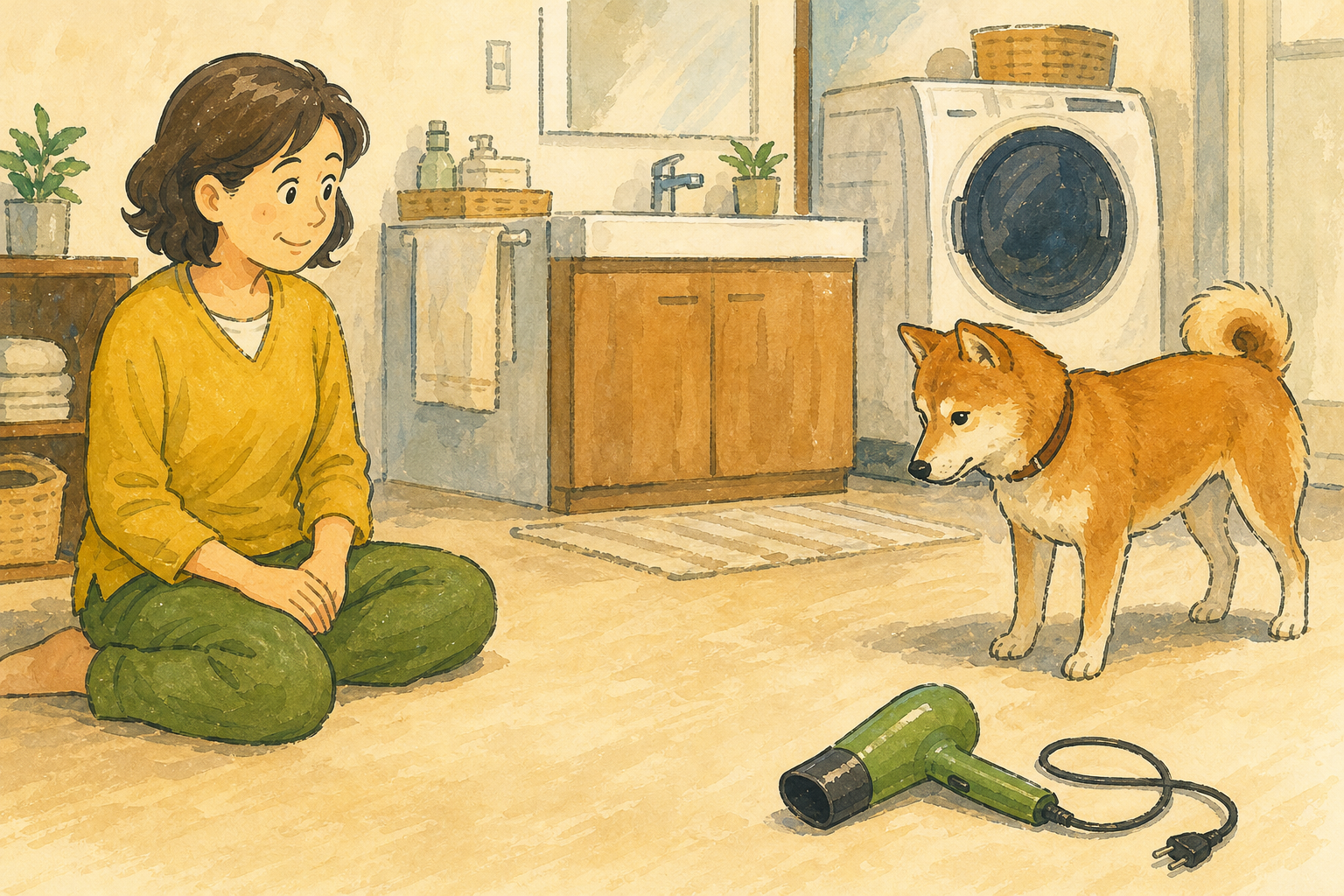 電源を入れていないドライヤーを離して置き、犬が自分の距離から見ている