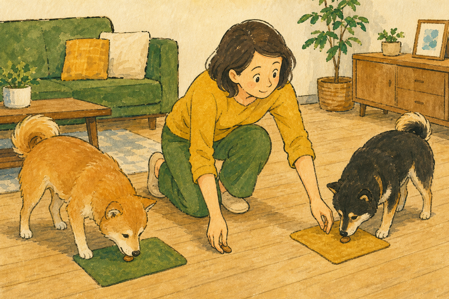飼い主が二頭の犬に離れた場所で別々におやつを渡す
