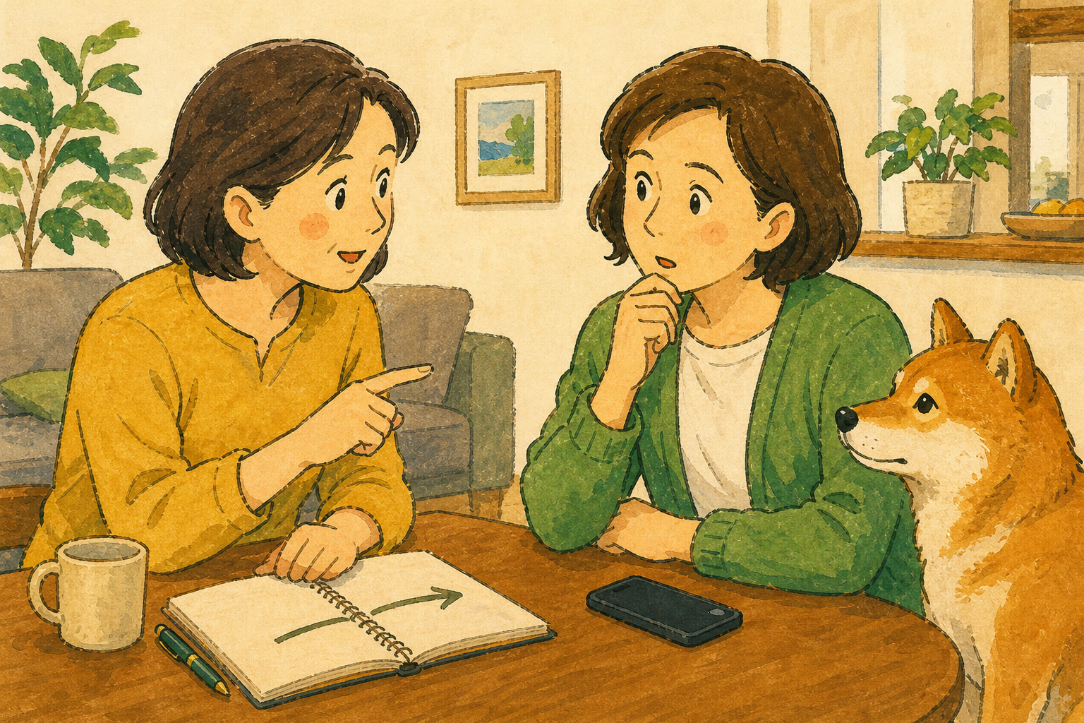 犬のそばで家族が、迷ったときに相談する人を話し合っているイラスト