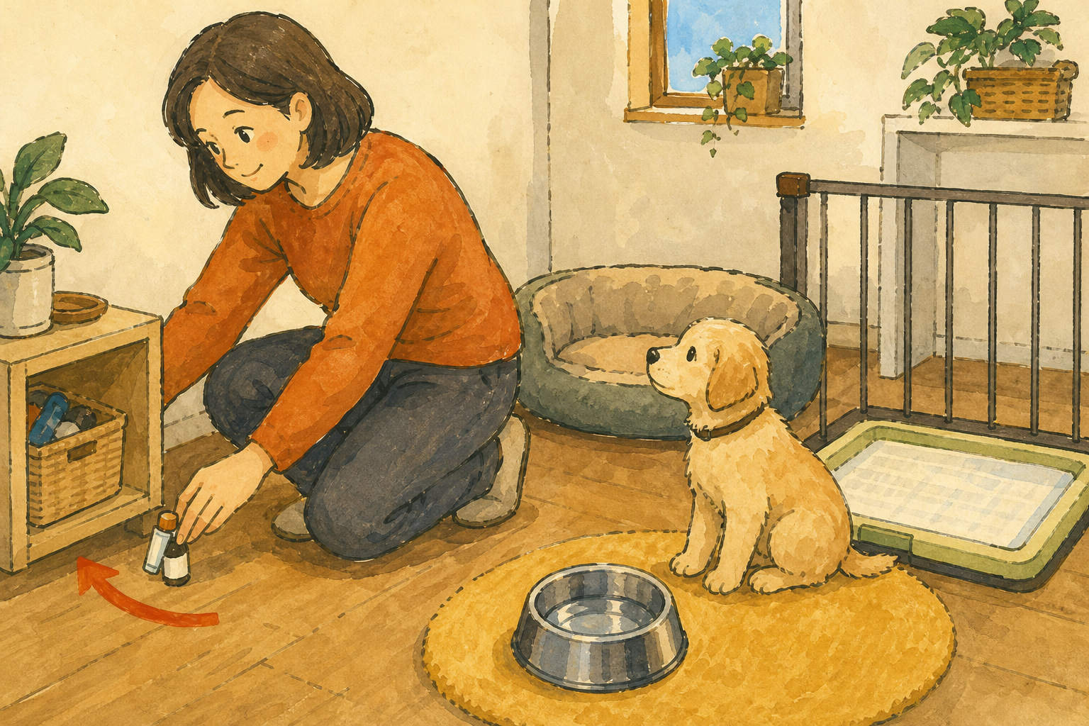 飼い主が子犬の寝床、水、トイレを確認し、届く場所の小物を片づける