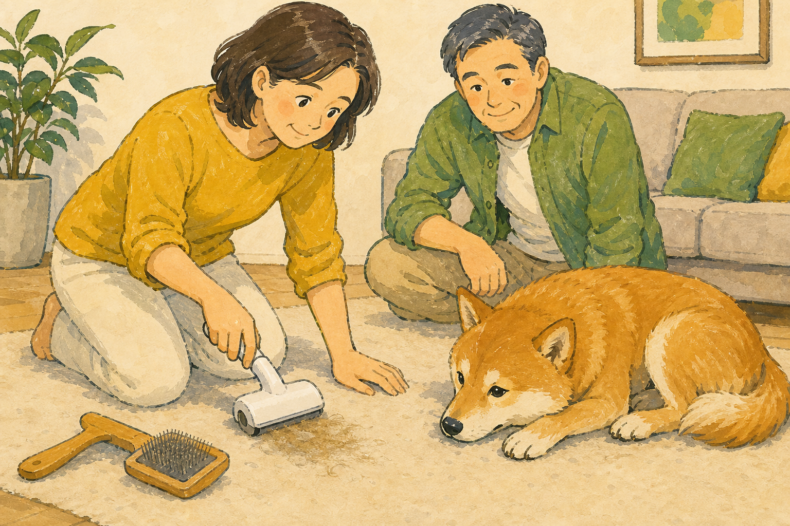 犬のそばで床の一角を掃除し、用途別の道具を近くに置く飼い主