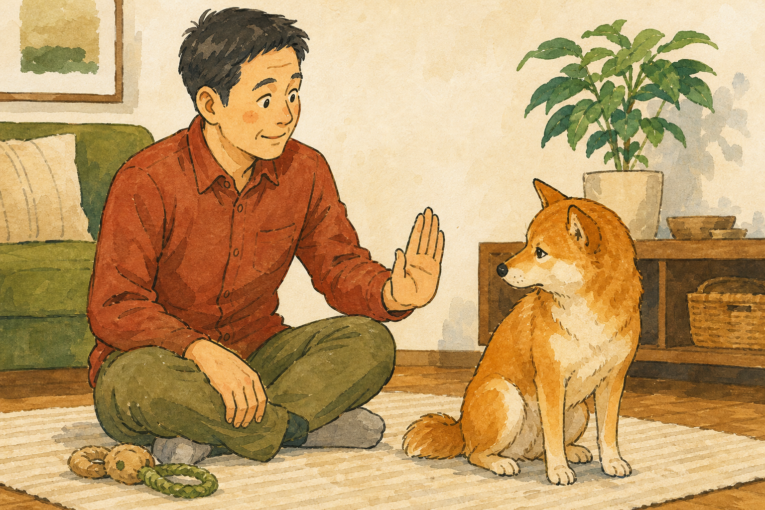 飼い主が犬に声をかけたあと、犬の耳や体の向きを観察するイラスト