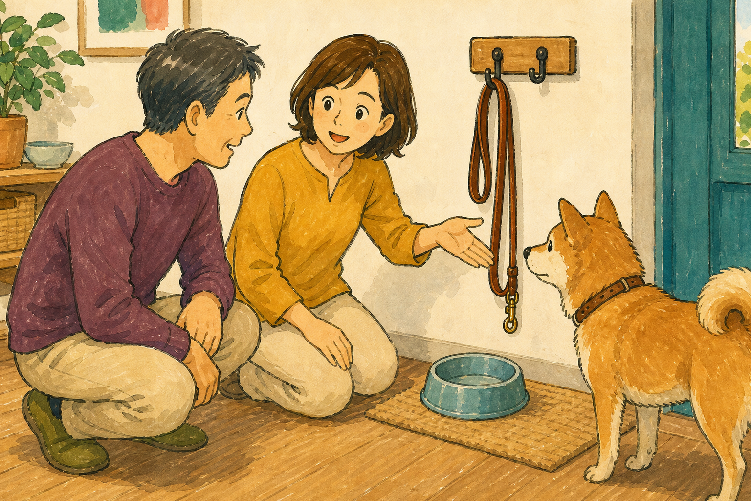飼い主が知人に犬の食器と革のリードの置き場所を伝えている場面