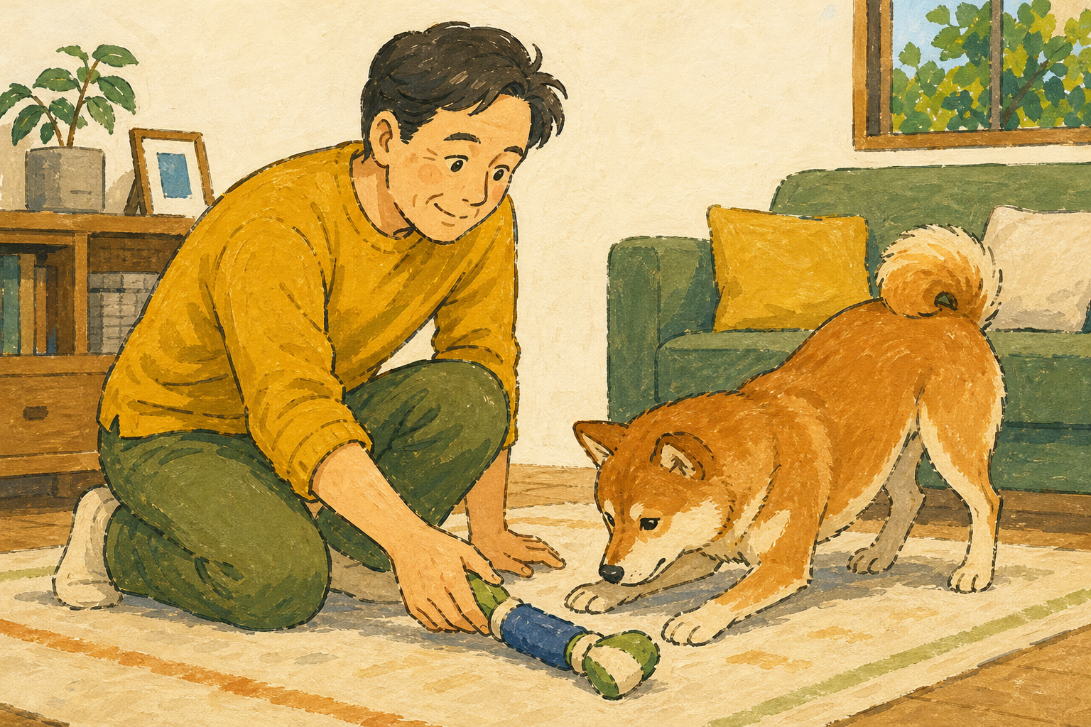 飼い主がおもちゃを動かし、犬の遊び方を見ている様子