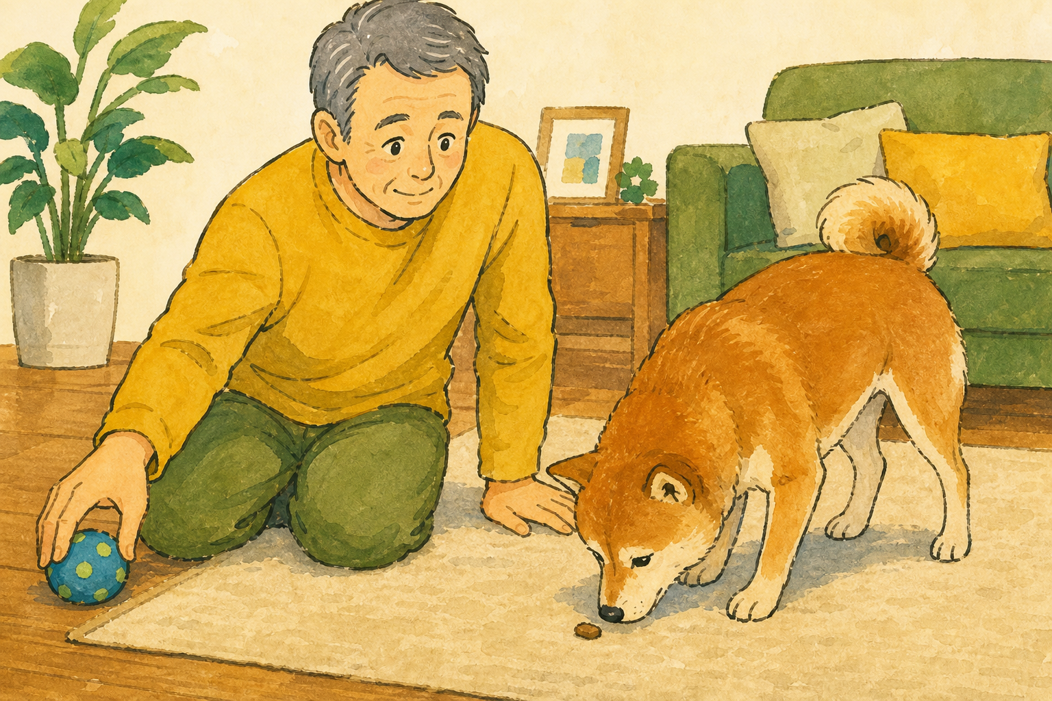 床を片づけてから、近くのおやつを探すシニア犬と飼い主