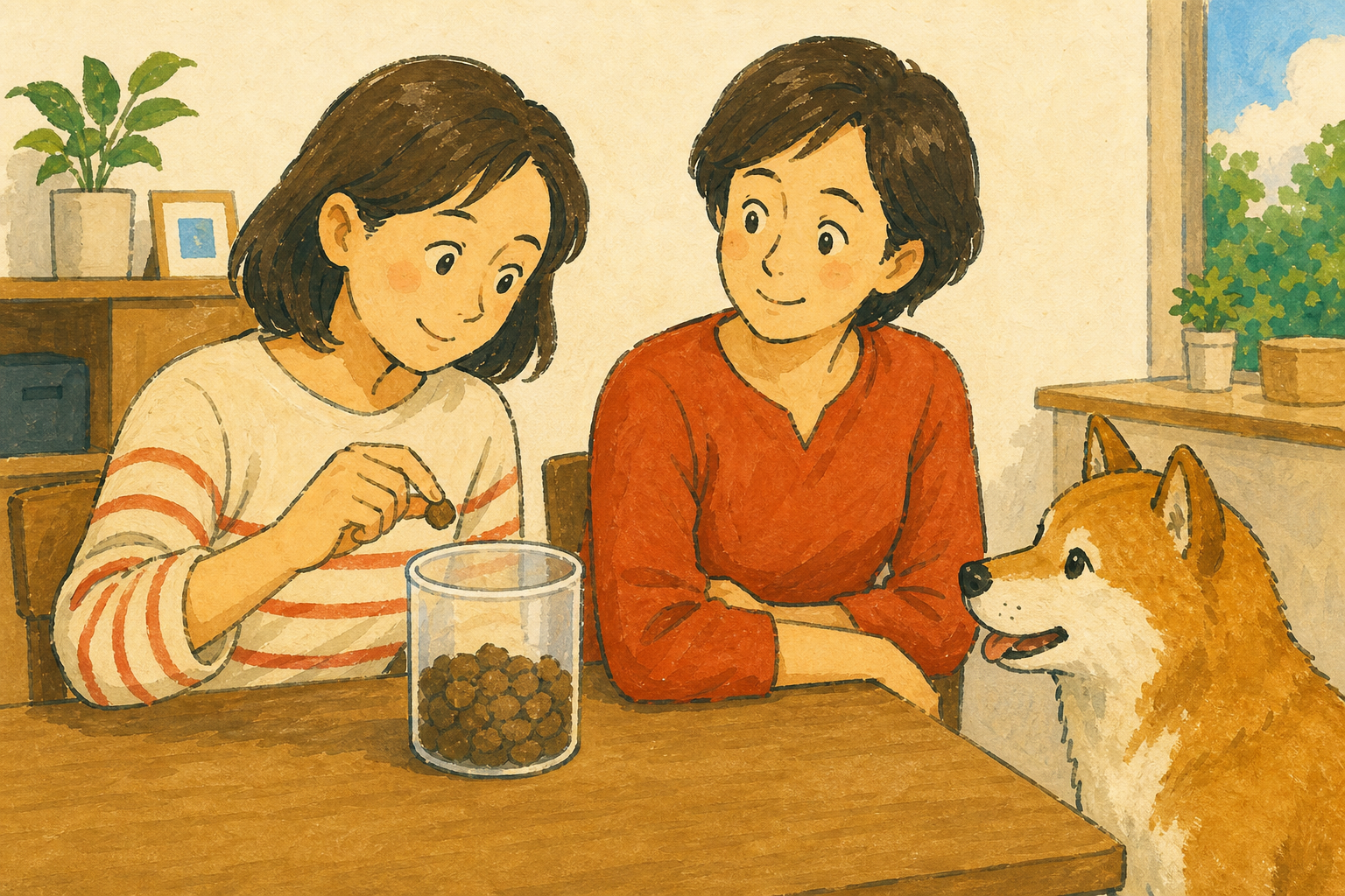 家族が犬のおやつの残量を一緒に見ながら容器から取り分ける様子