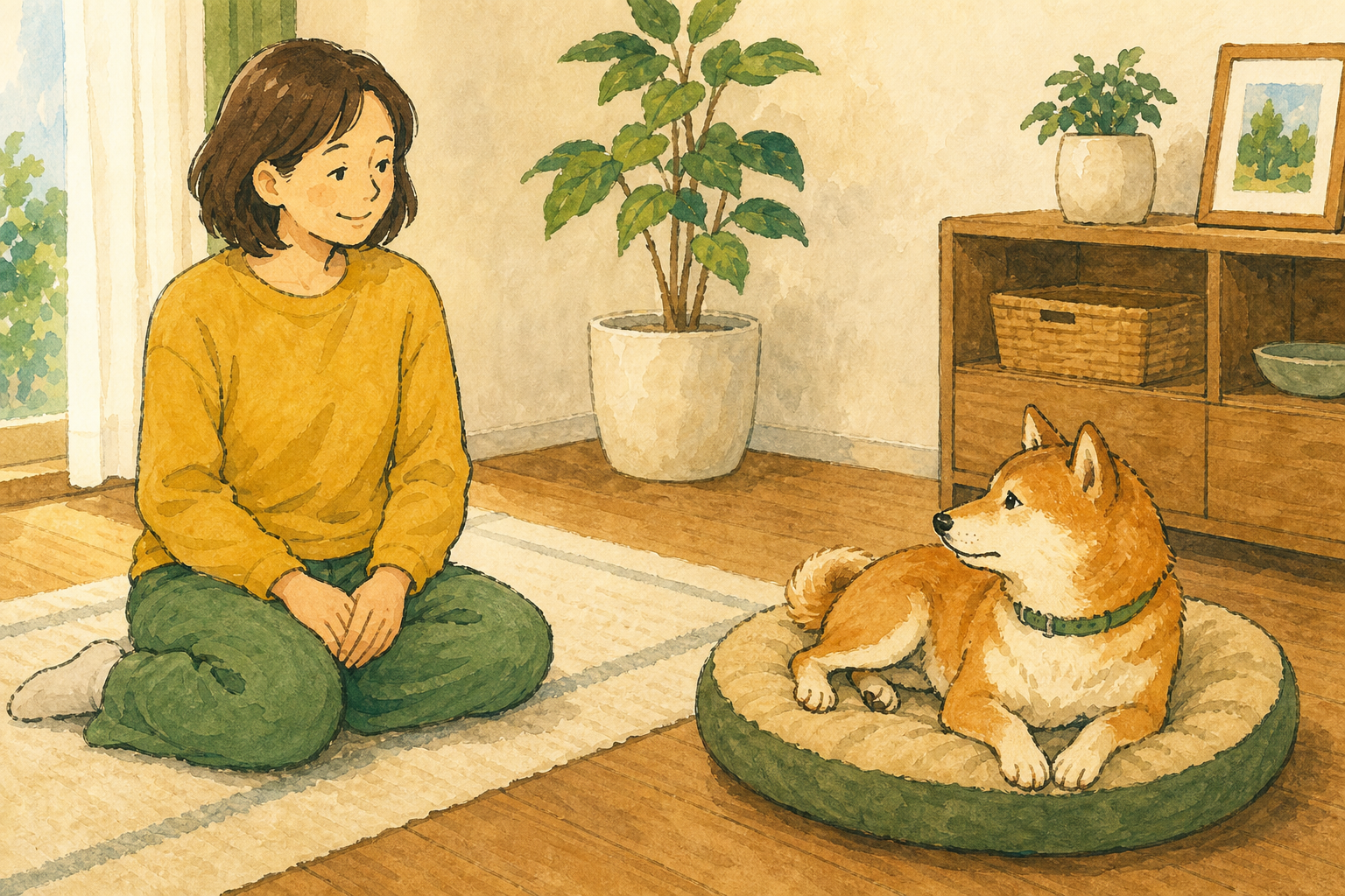 飼い主が手を伸ばさずに座り、犬が自分で距離を選んでそばにいる様子