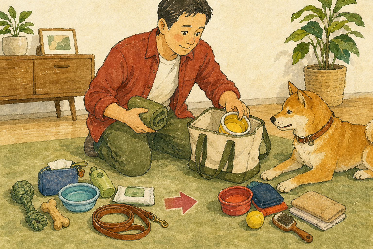 飼い主が犬との外出用品をいつもの物と行き先別の追加品に分けてトートに入れる