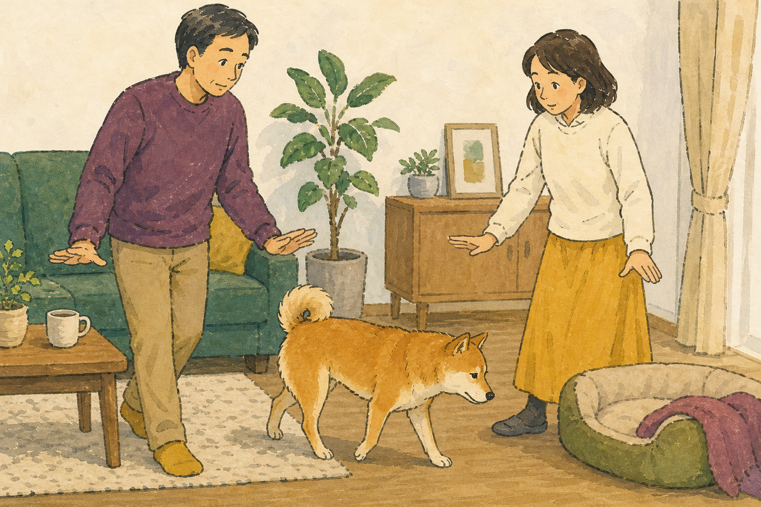 会話を止めて一歩離れ、犬の通り道を空ける家族