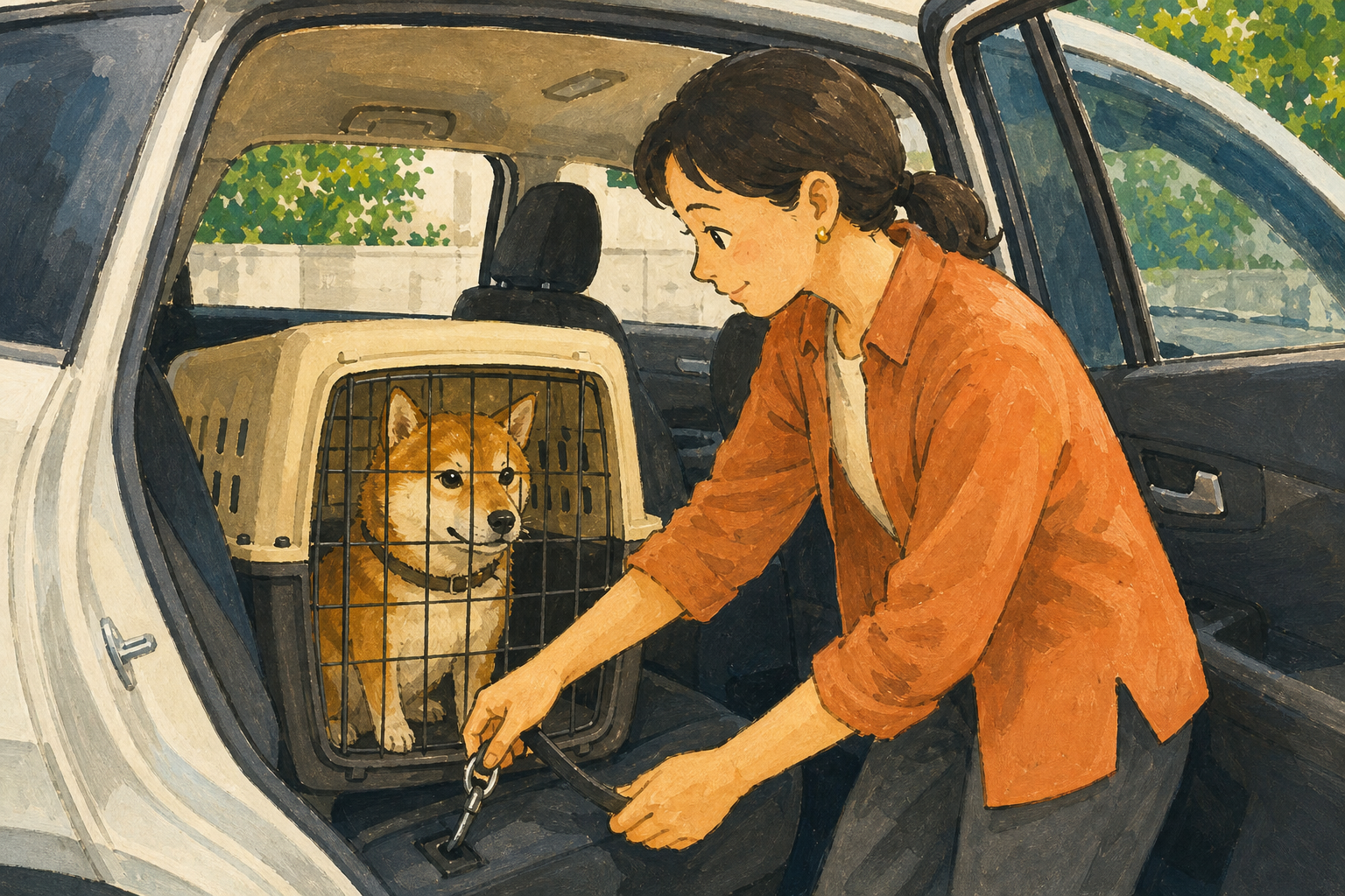 停車中に後部座席のクレートの固定部と犬の姿勢を確かめる飼い主