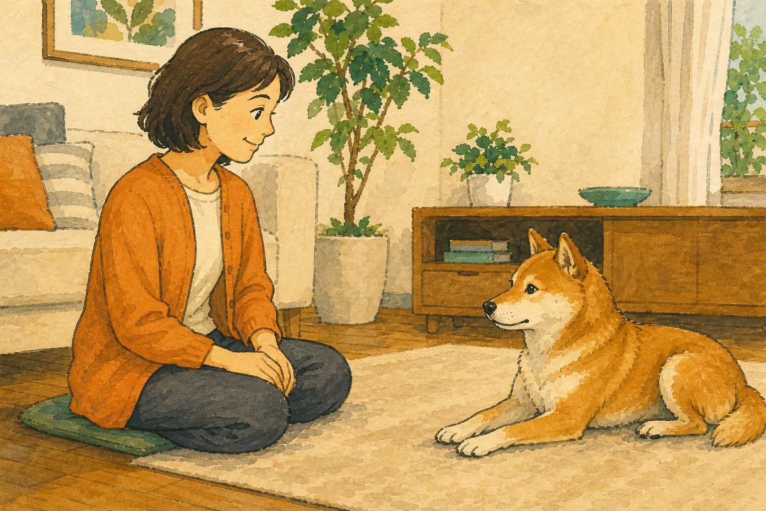犬に手を伸ばさず、少し離れて床に座り、犬が近づくのを待つ飼い主