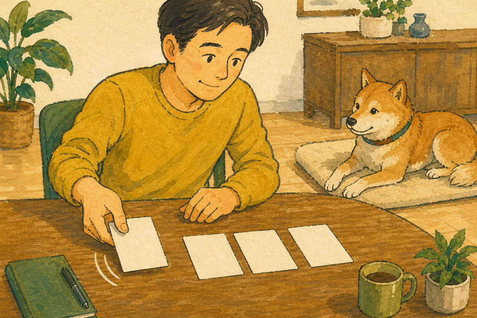 犬が休むそばで翌日の予定を一つ後ろへ動かす飼い主