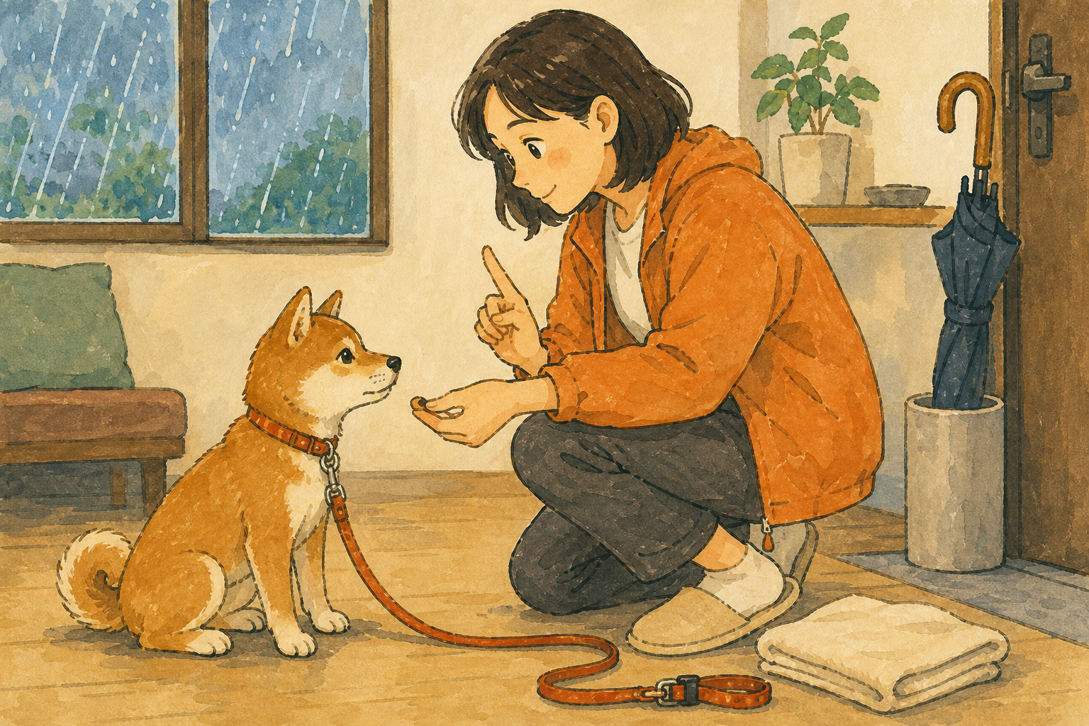 散歩前に室内で子犬へ合図を出し、できた動きをすぐ褒める飼い主