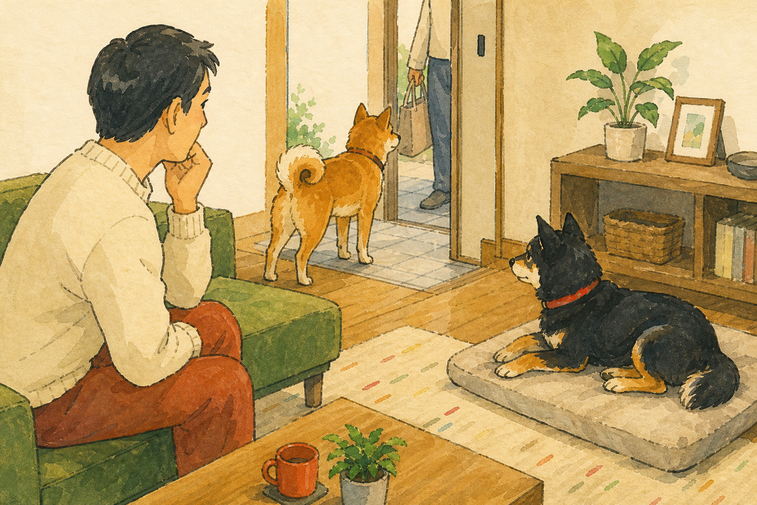 飼い主が、近づく犬と離れて見守る犬のそれぞれの選択を観察している