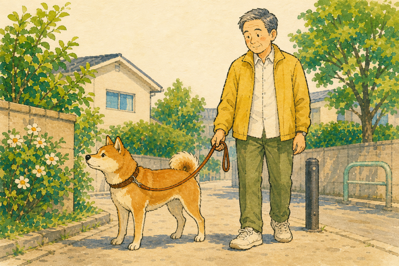 散歩で立ち止まった犬のそばで、リードを引かずに周囲を見る飼い主