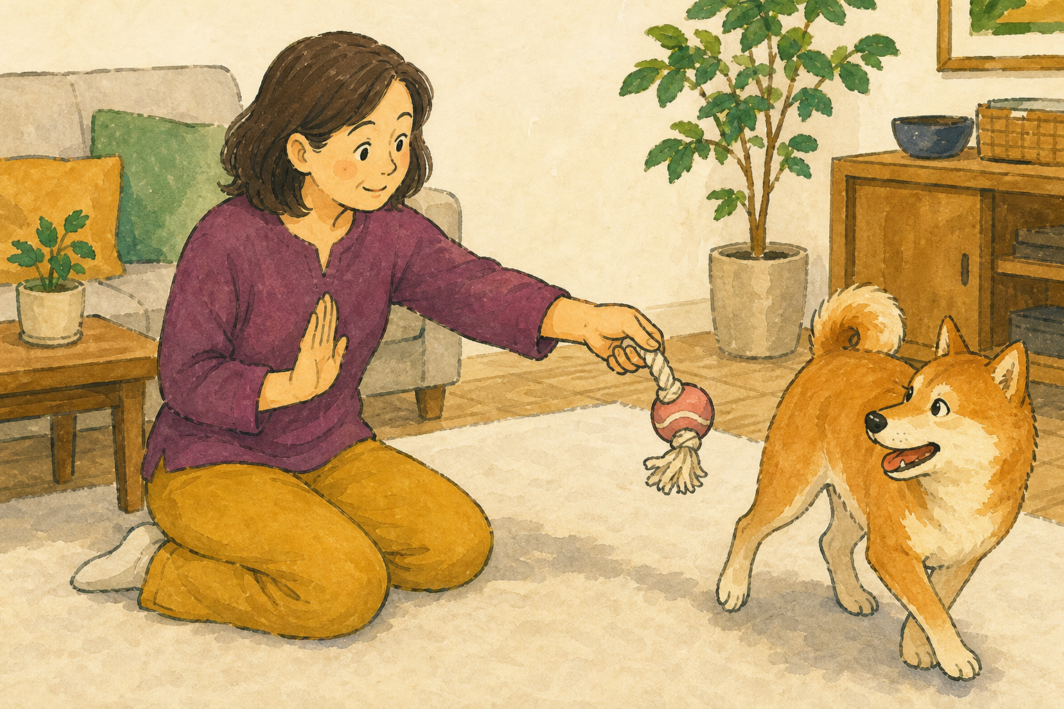 飼い主が手を止め、犬がおもちゃへ向いたところで遊びを切り替える場面