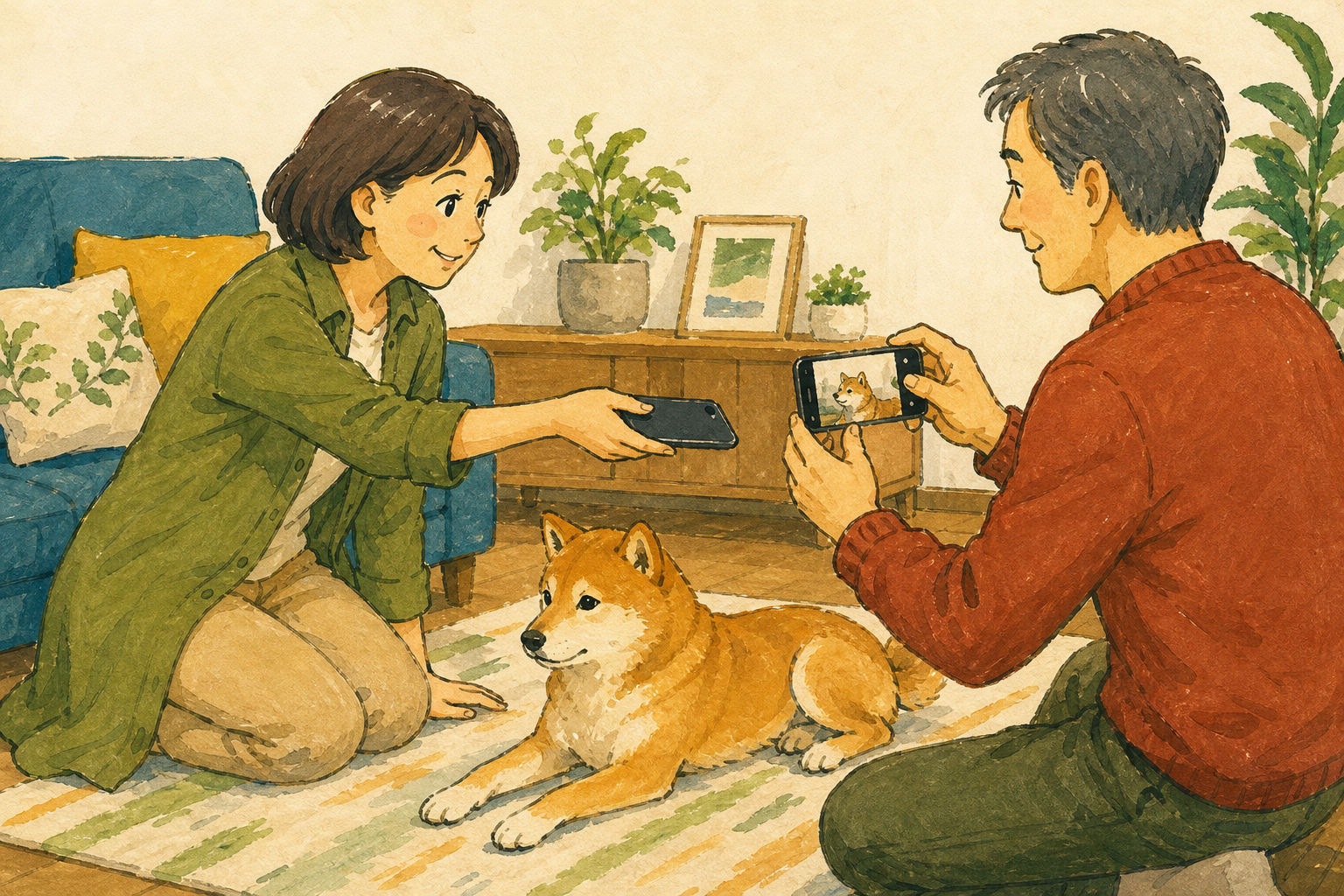 スマートフォンを家族に渡し、愛犬のそばに座って撮影してもらう飼い主
