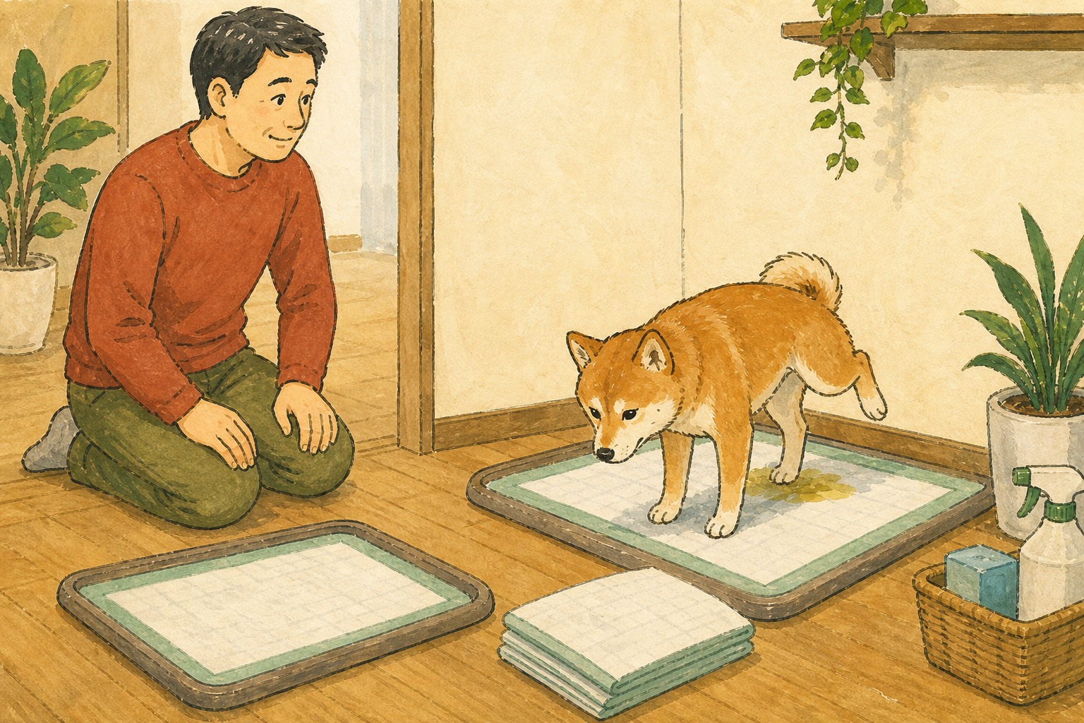 犬の立ち位置と体の向きを、少し離れて観察する飼い主