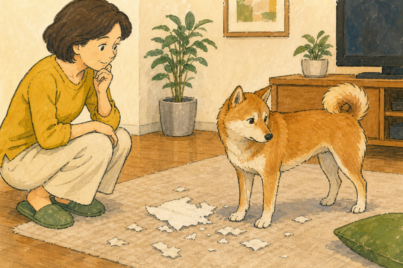 飼い主が犬の表情だけでなく全身の姿勢と床の紙片を見ている様子
