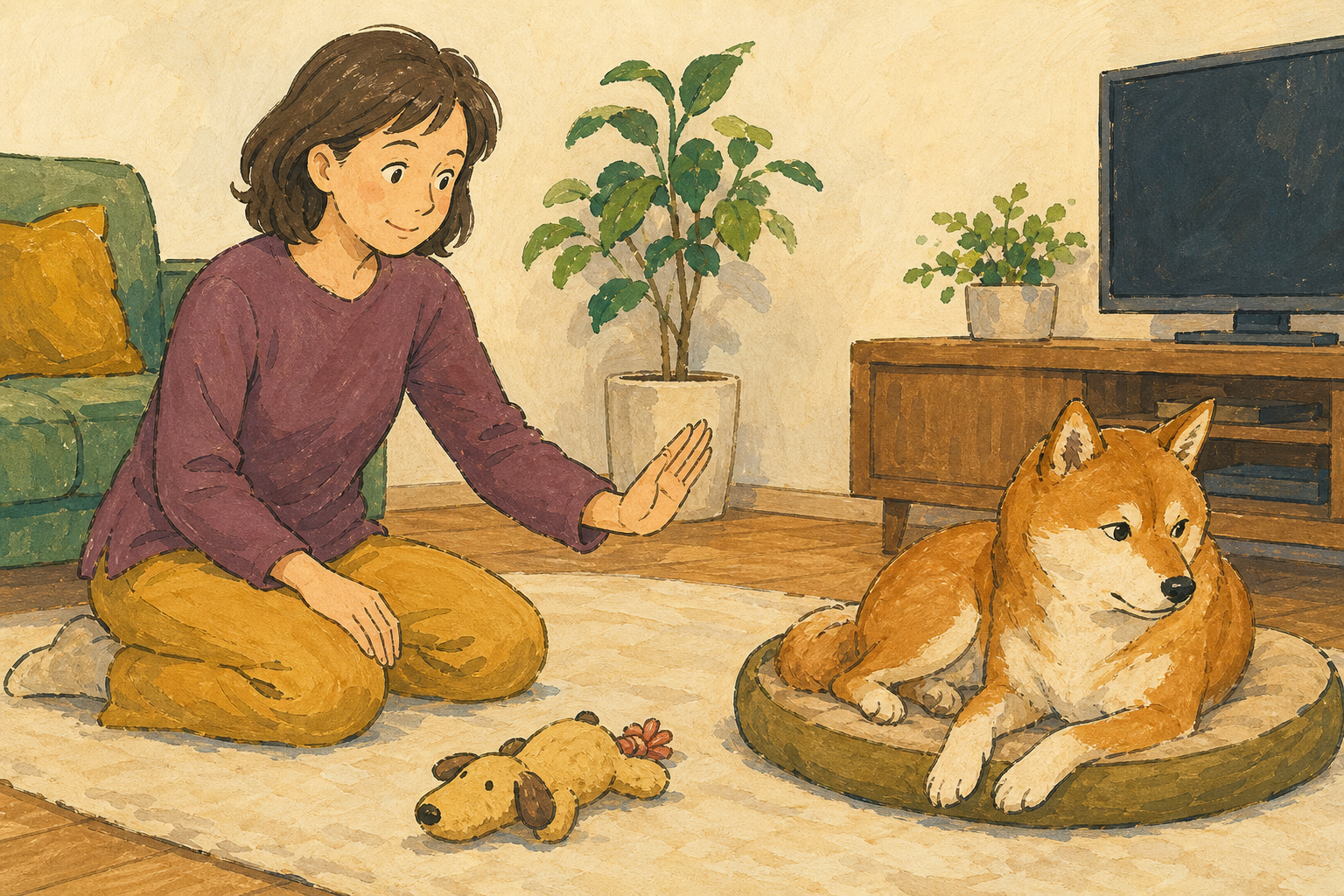 遊びから離れて休む犬を、飼い主が見守っている様子