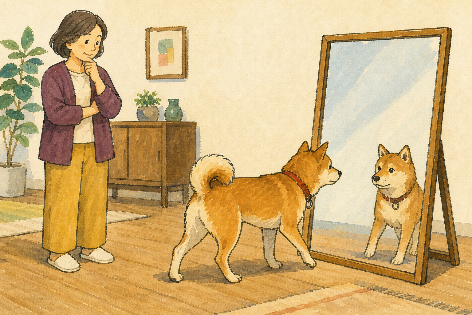 飼い主が距離を保ち、鏡を見た犬の反応を静かに観察する場面
