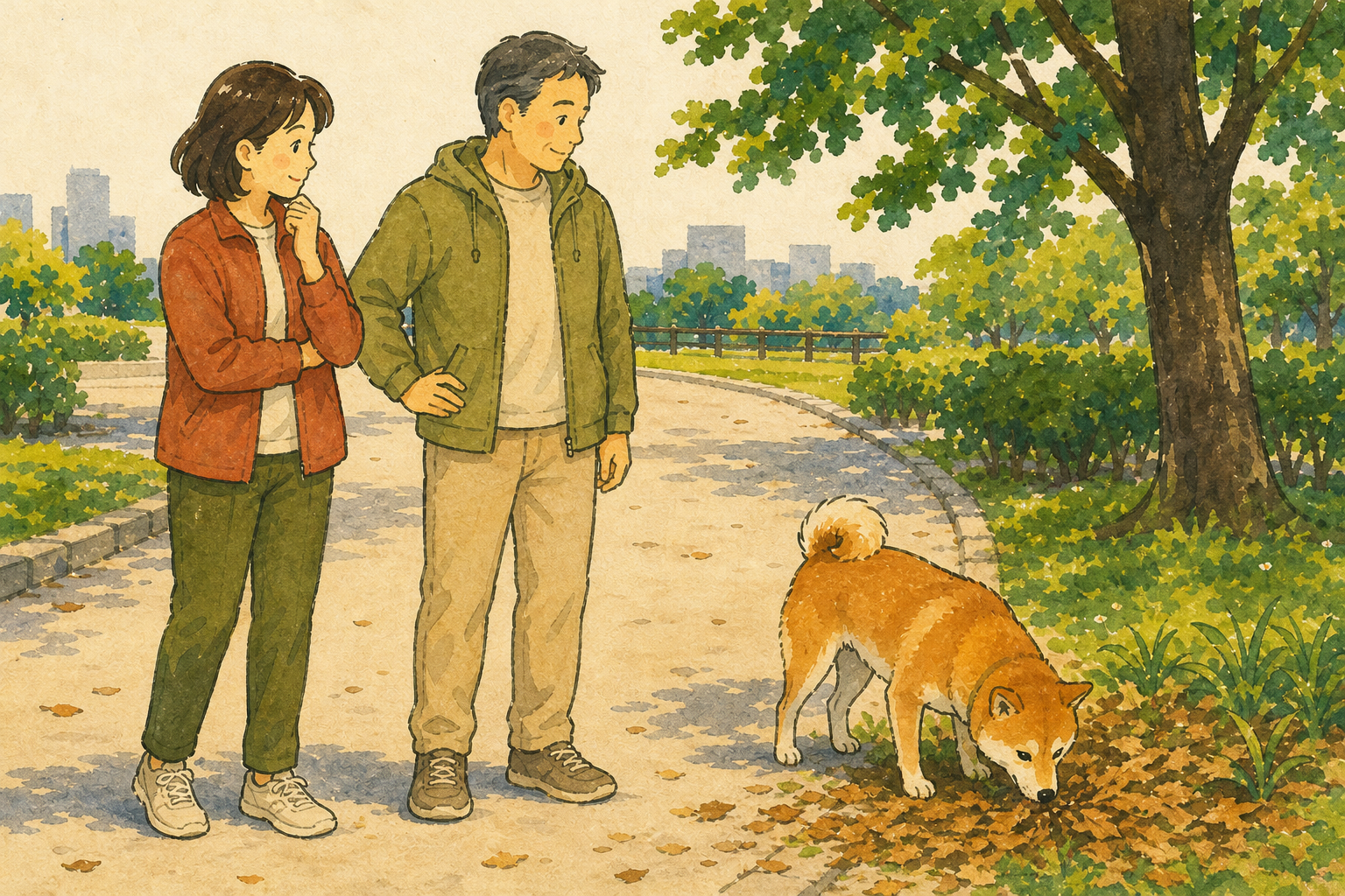 飼い主が公園の通路と足元を見渡してから、犬を落ち葉へ誘う