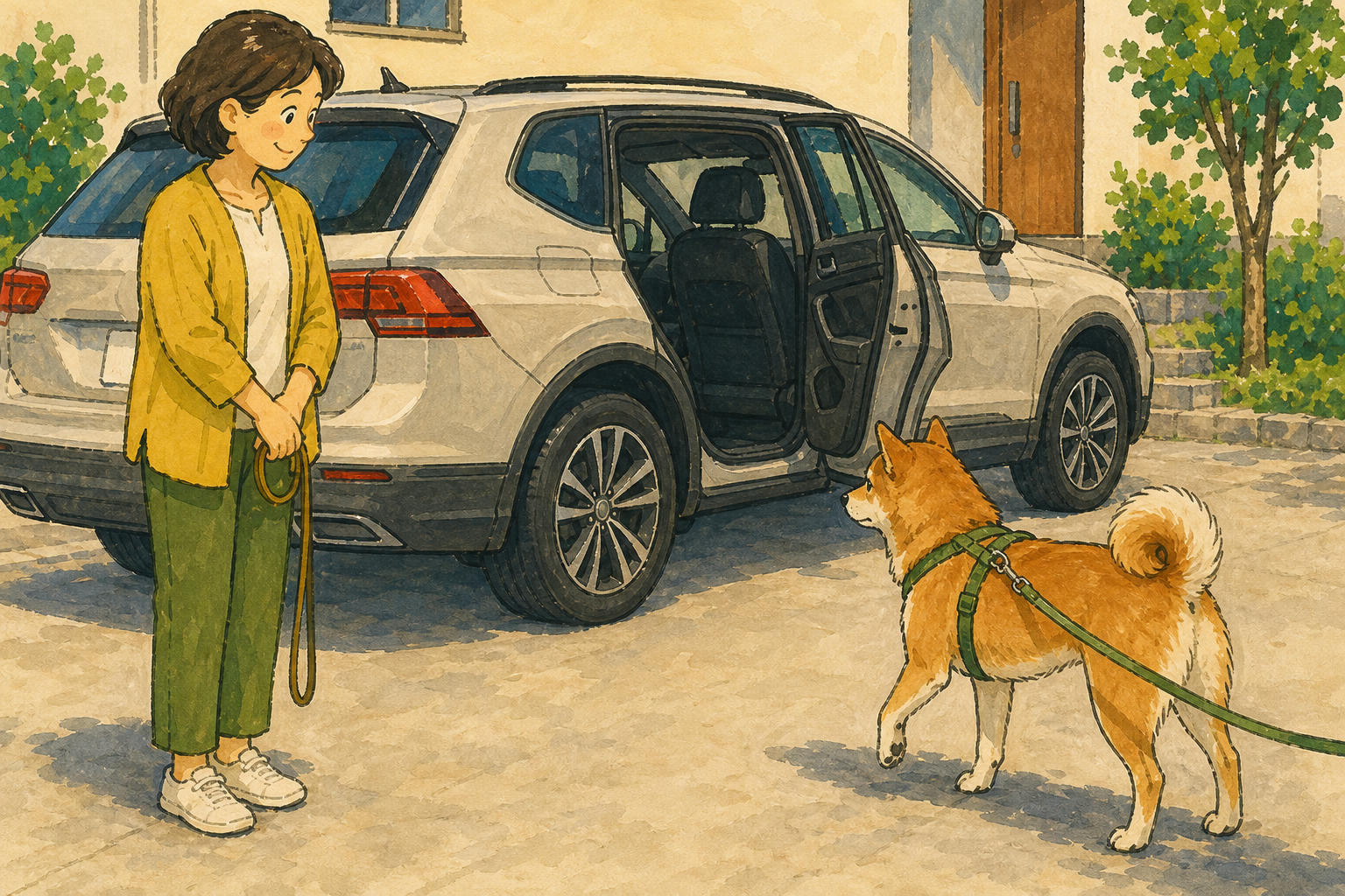 停車中の車のそばで、犬が近づくのを引っぱらずに待つ様子