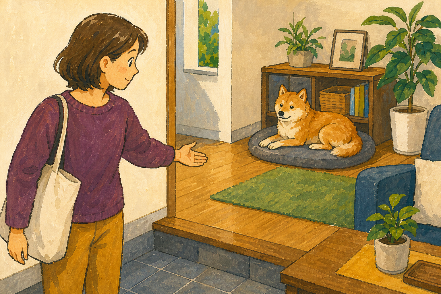 飼い主が居間を見渡し、犬が来客から離れて休める場所を確かめている様子