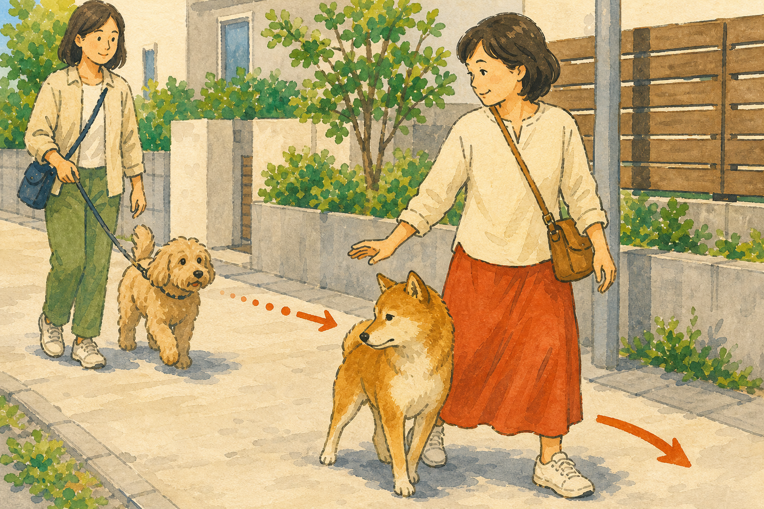 飼い主が犬と横へ移動し、すれ違う犬との距離を広げている様子